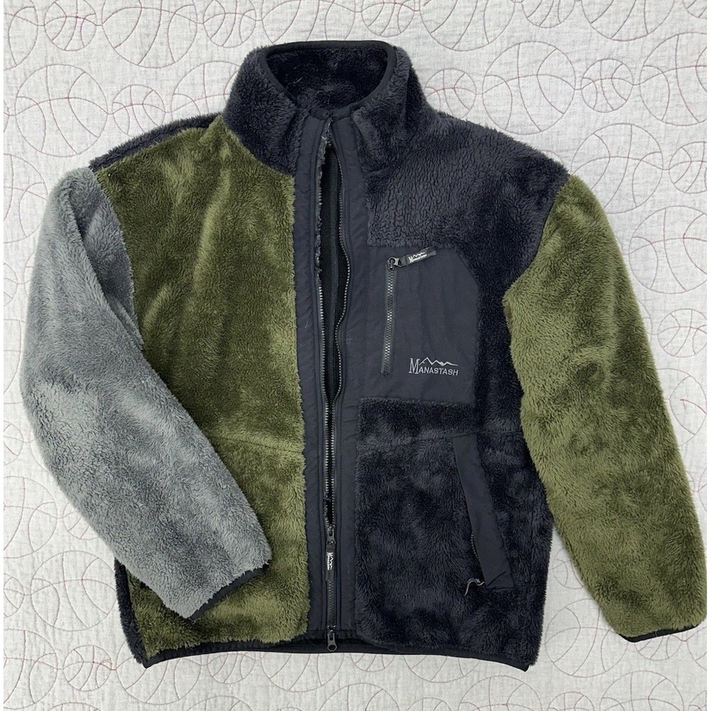 Manastash Bigfoot Deep Pile Fleece Panel Jacket Green / Men's Medium *BROKEN ZIP